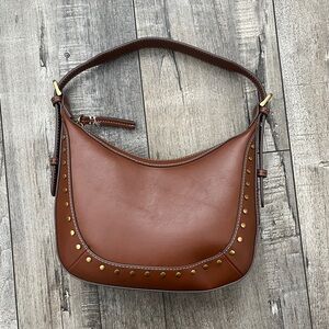 Mango Brown Leather Shoulder Bag with Gold Studs